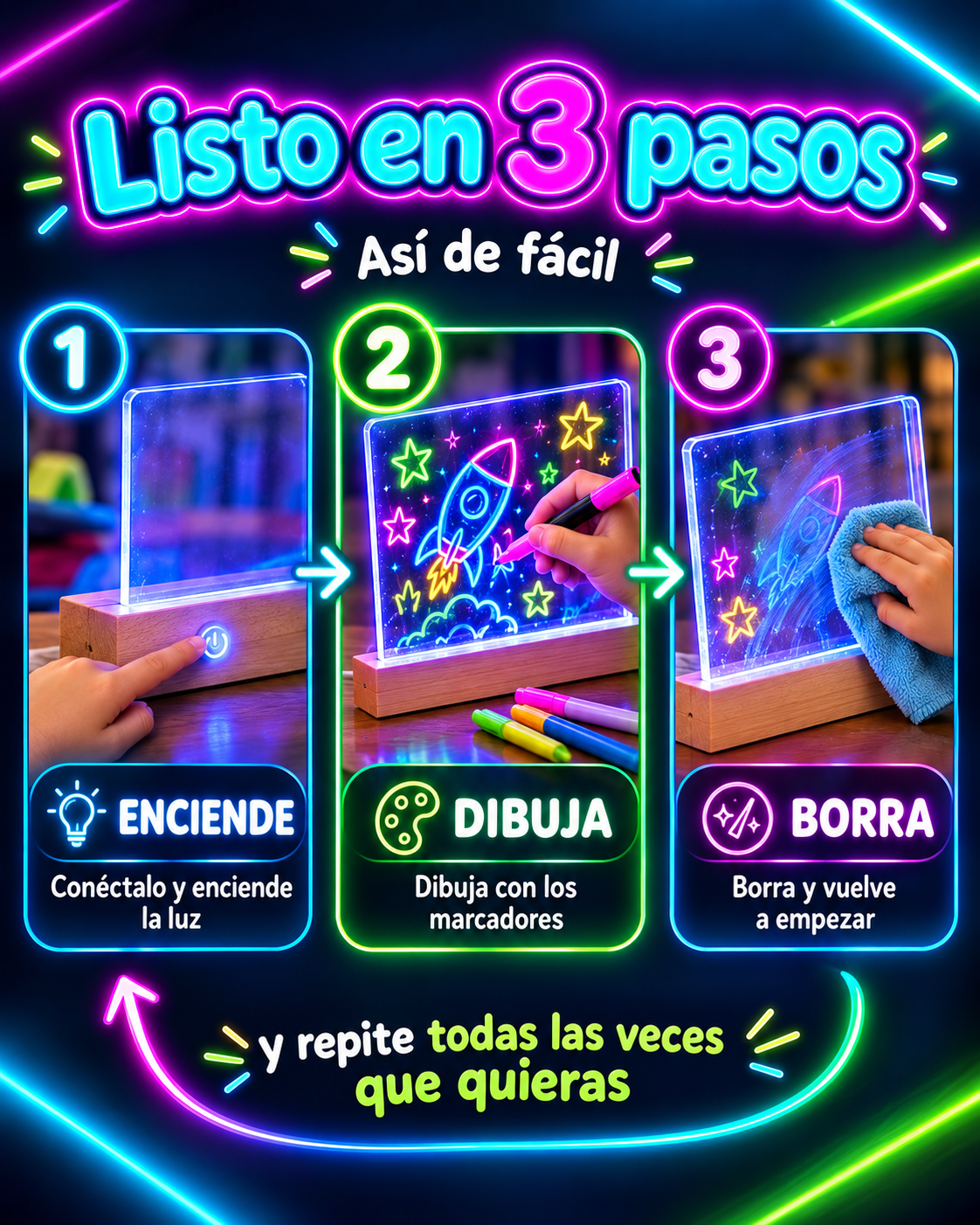 NeónCraft™ | Tablero Mágico con Luz LED | Dibuja Sin Desorden Ni Pantallas