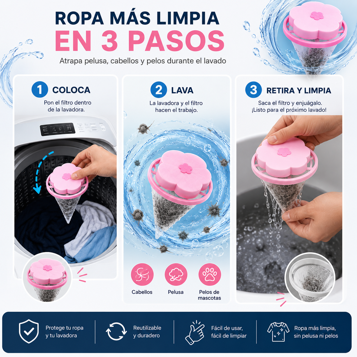 PeluStop™ | Filtro Atrapa Pelusa para Lavadora | Elimina Pelos Fácil
