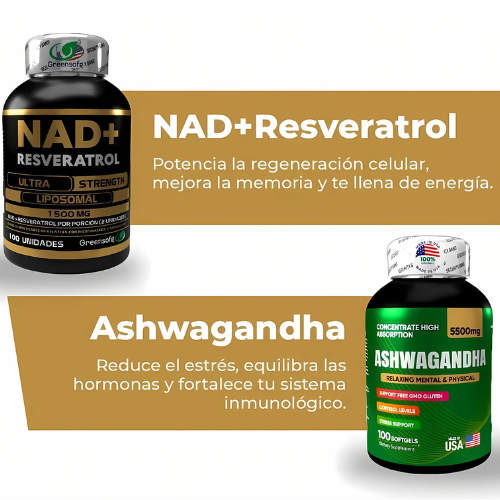 Pack Ashwagandha+ NAD+ Colágeno Biotina™ | Juventud Celular y Estrés Bajo Control – 50% de descuento + Envío Gratis