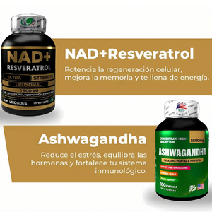 Pack Ashwagandha+ NAD+ Colágeno Biotina™ | Juventud Celular y Estrés Bajo Control – 50% de descuento + Envío Gratis