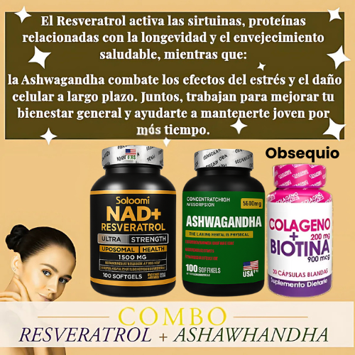 Pack Ashwagandha+ NAD+ Colágeno Biotina™ | Juventud Celular y Estrés Bajo Control – 50% de descuento + Envío Gratis