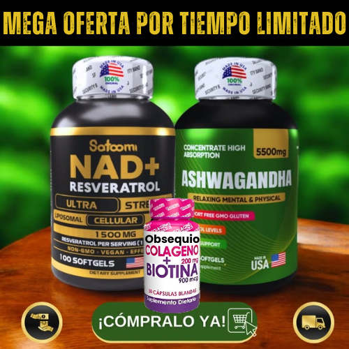 Pack Ashwagandha+ NAD+ Colágeno Biotina™ | Juventud Celular y Estrés Bajo Control – 50% de descuento + Envío Gratis