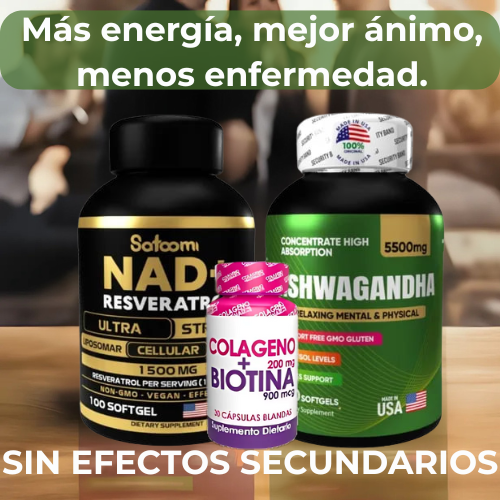 Pack Ashwagandha+ NAD+ Colágeno Biotina™ | Juventud Celular y Estrés Bajo Control – 50% de descuento + Envío Gratis