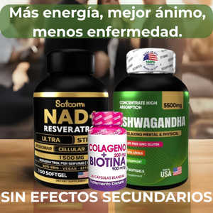 Pack Ashwagandha+ NAD+ Colágeno Biotina™ | Juventud Celular y Estrés Bajo Control – 50% de descuento + Envío Gratis