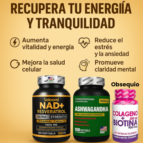 Pack Ashwagandha+ NAD+ Colágeno Biotina™ | Juventud Celular y Estrés Bajo Control – 50% de descuento + Envío Gratis