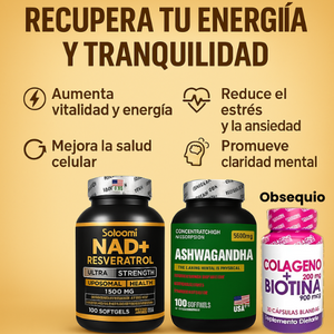 Pack Ashwagandha+ NAD+ Colágeno Biotina™ | Juventud Celular y Estrés Bajo Control – 50% de descuento + Envío Gratis
