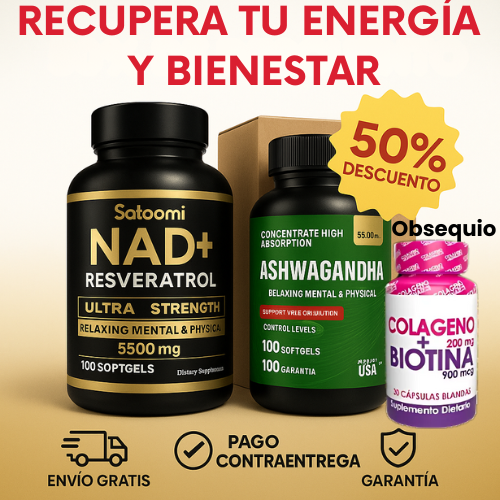 Pack Ashwagandha+ NAD+ Colágeno Biotina™ | Juventud Celular y Estrés Bajo Control – 50% de descuento + Envío Gratis